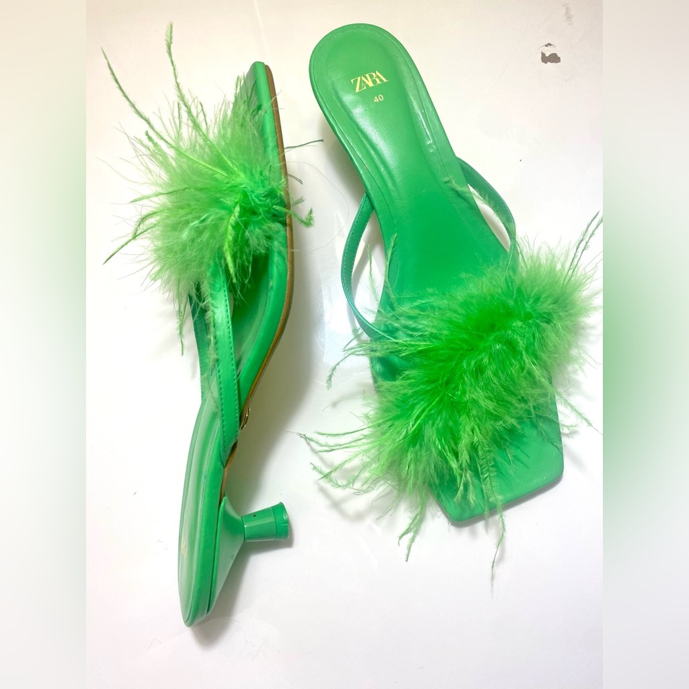 Zara Green Feather Kitten Heel Sandals